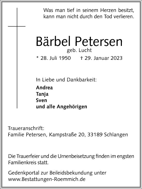 Traueranzeige von Bärbel Petersen von Westfalen-Blatt