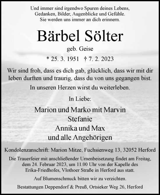 Traueranzeige von Bärbel Sölter von Westfalen-Blatt