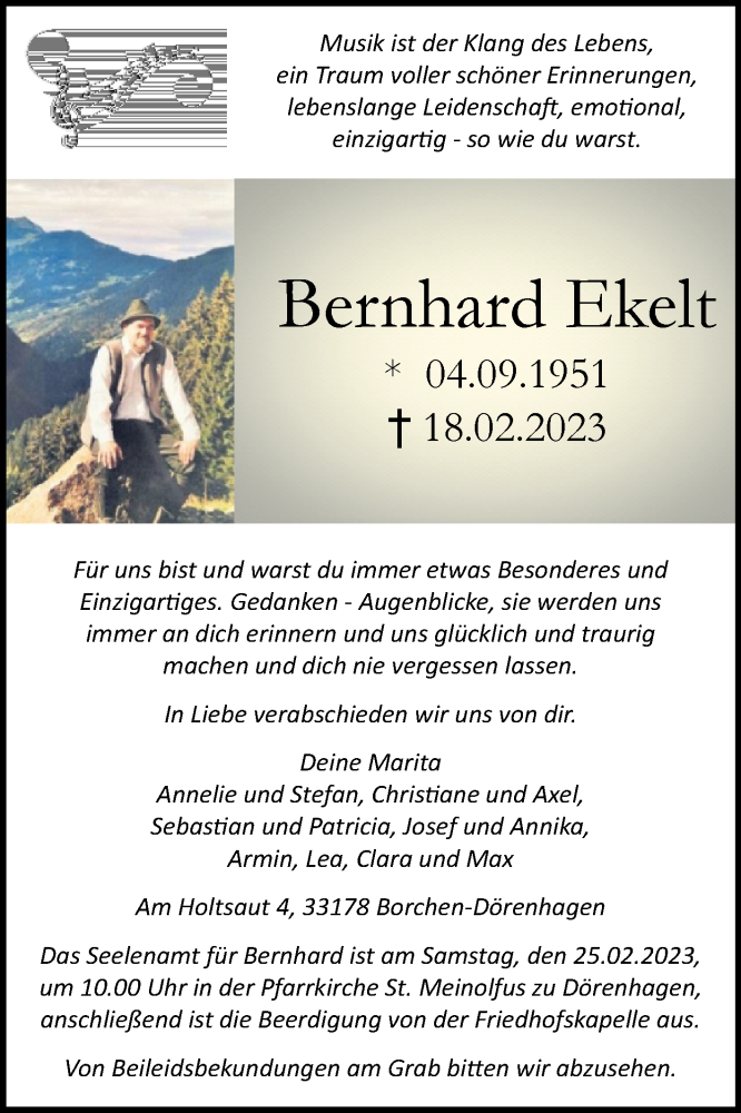  Traueranzeige für Bernhard Ekelt vom 22.02.2023 aus Westfalen-Blatt
