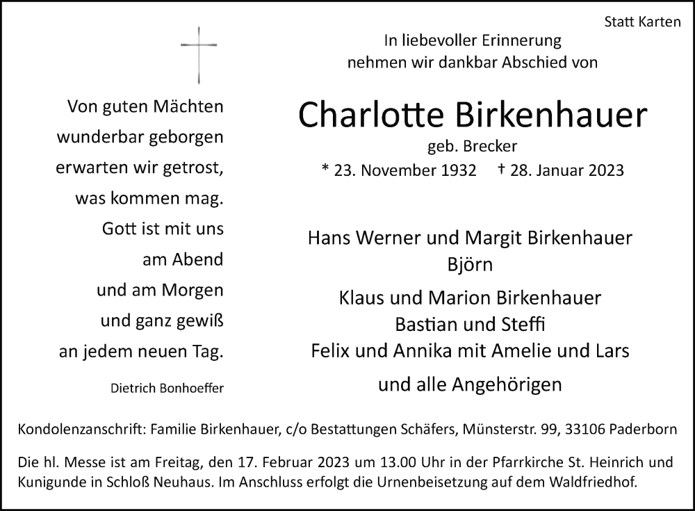  Traueranzeige für Charlotte Birkenhauer vom 11.02.2023 aus Westfalen-Blatt