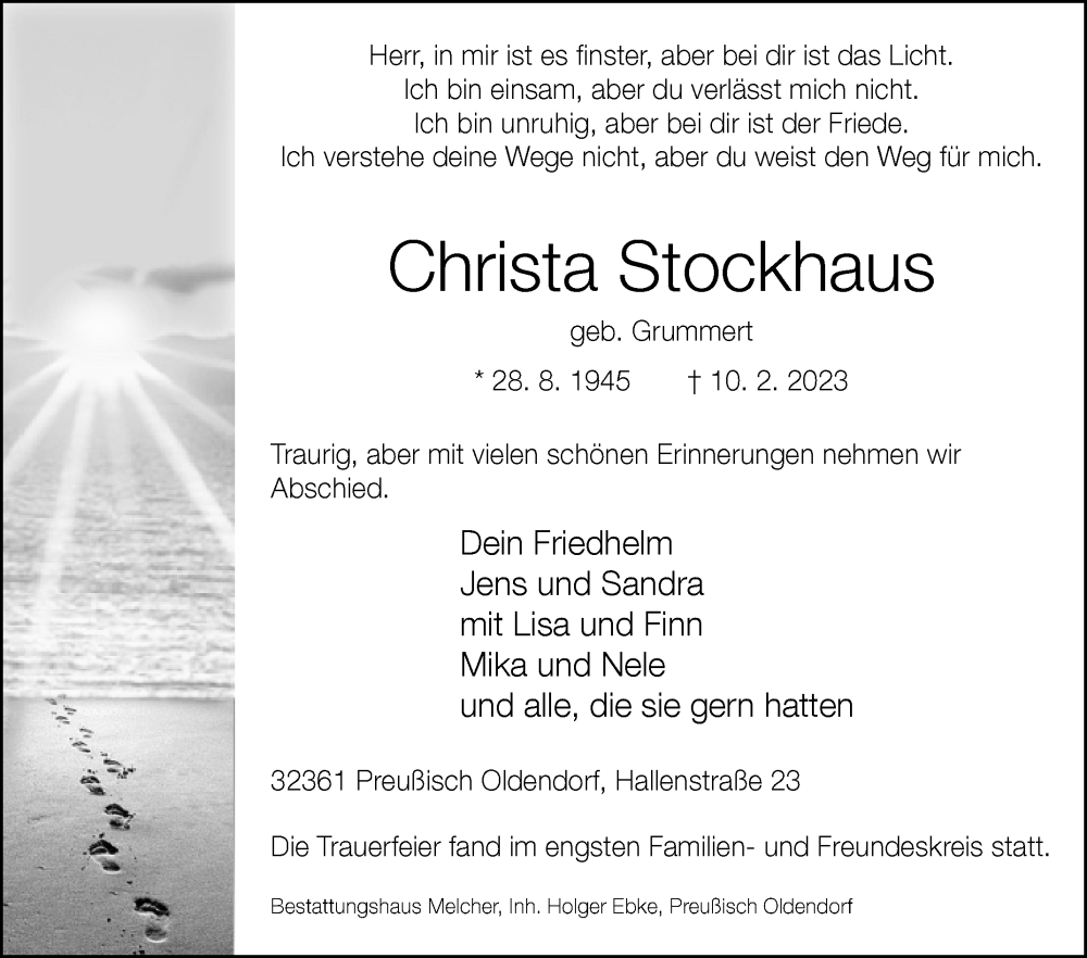  Traueranzeige für Christa Stockhaus vom 18.02.2023 aus Westfalen-Blatt