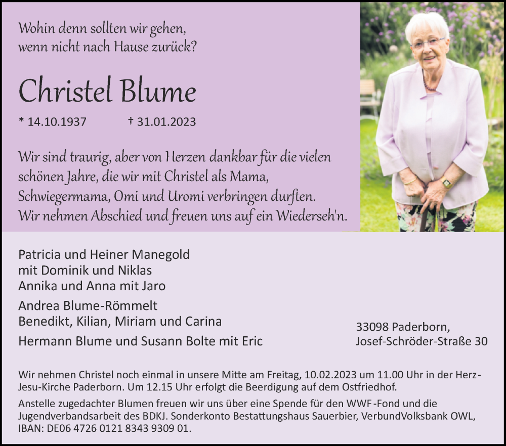 Traueranzeige für Christel Blume vom 04.02.2023 aus Westfalen-Blatt