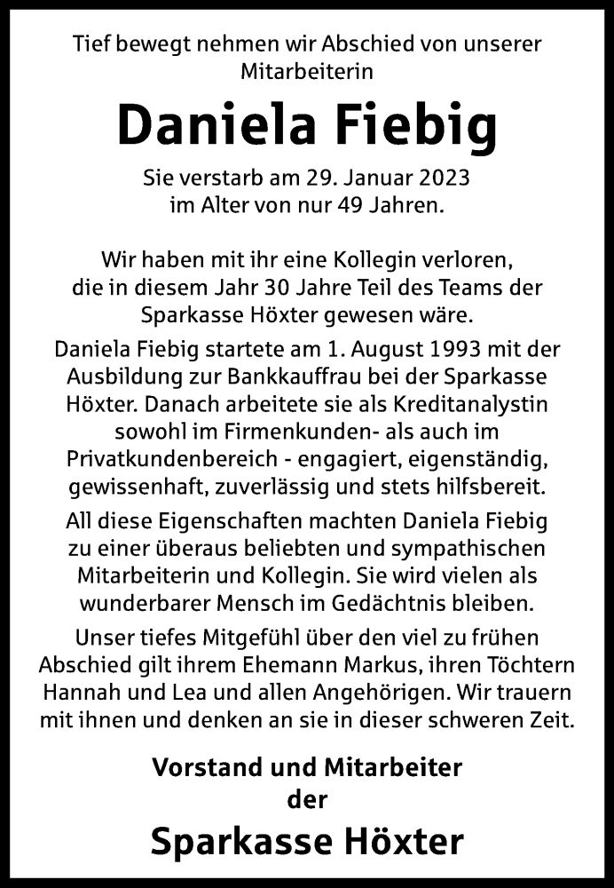  Traueranzeige für Daniela Fiebig vom 09.02.2023 aus Westfalen-Blatt