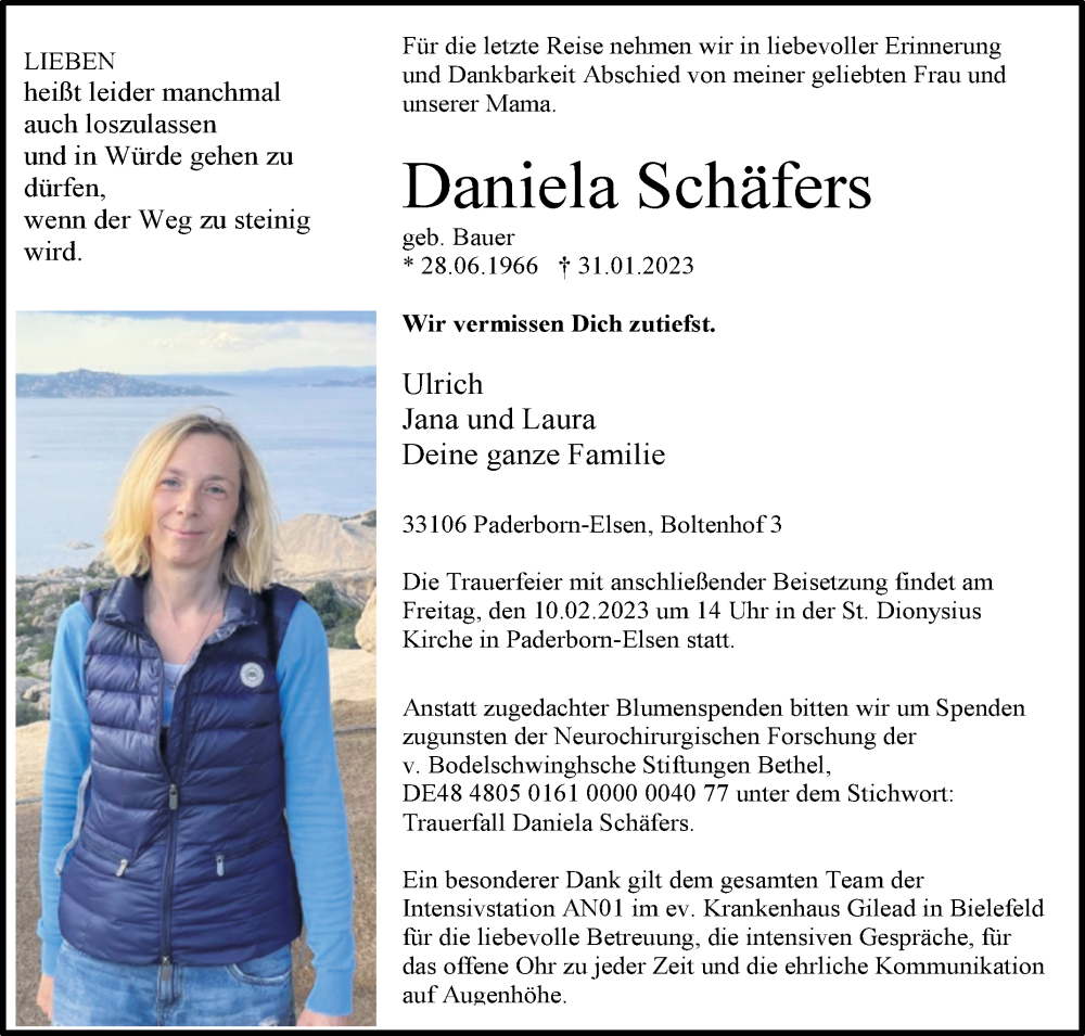  Traueranzeige für Daniela Schäfers vom 04.02.2023 aus Westfalen-Blatt