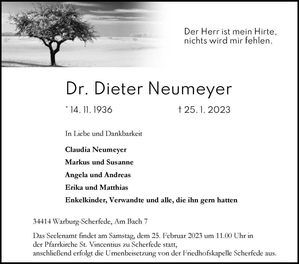  Traueranzeige für Dieter Neumeyer vom 11.02.2023 aus Westfalen-Blatt