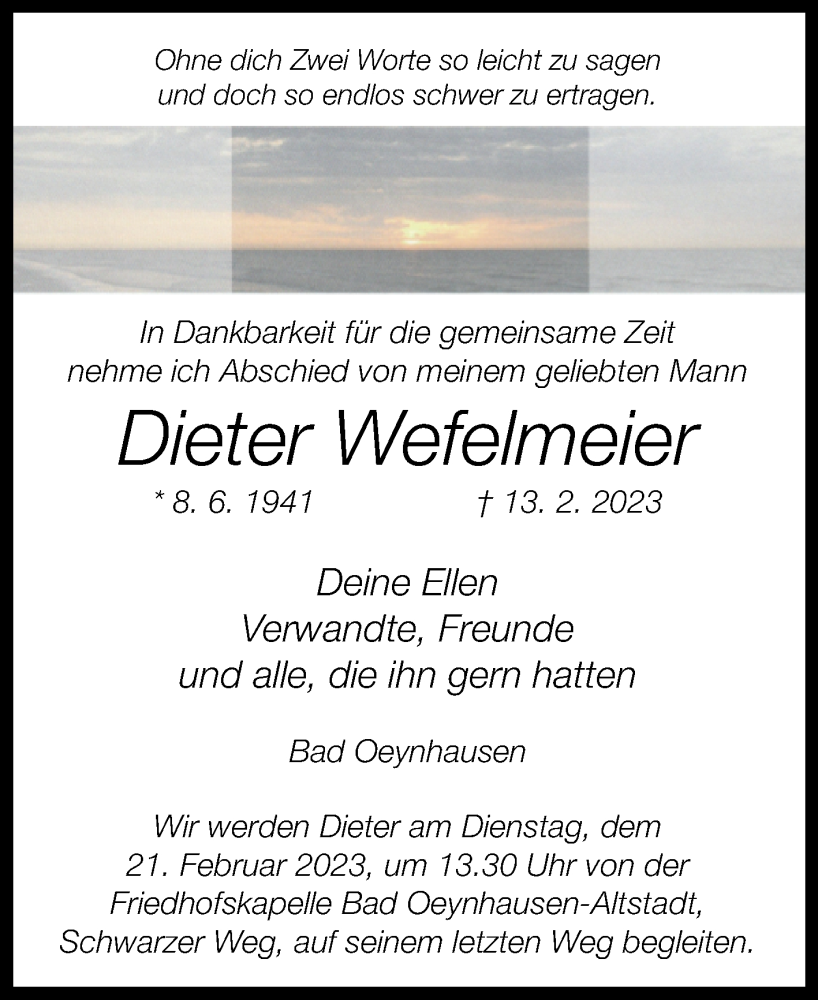  Traueranzeige für Dieter Wefelmeier vom 18.02.2023 aus Westfalen-Blatt