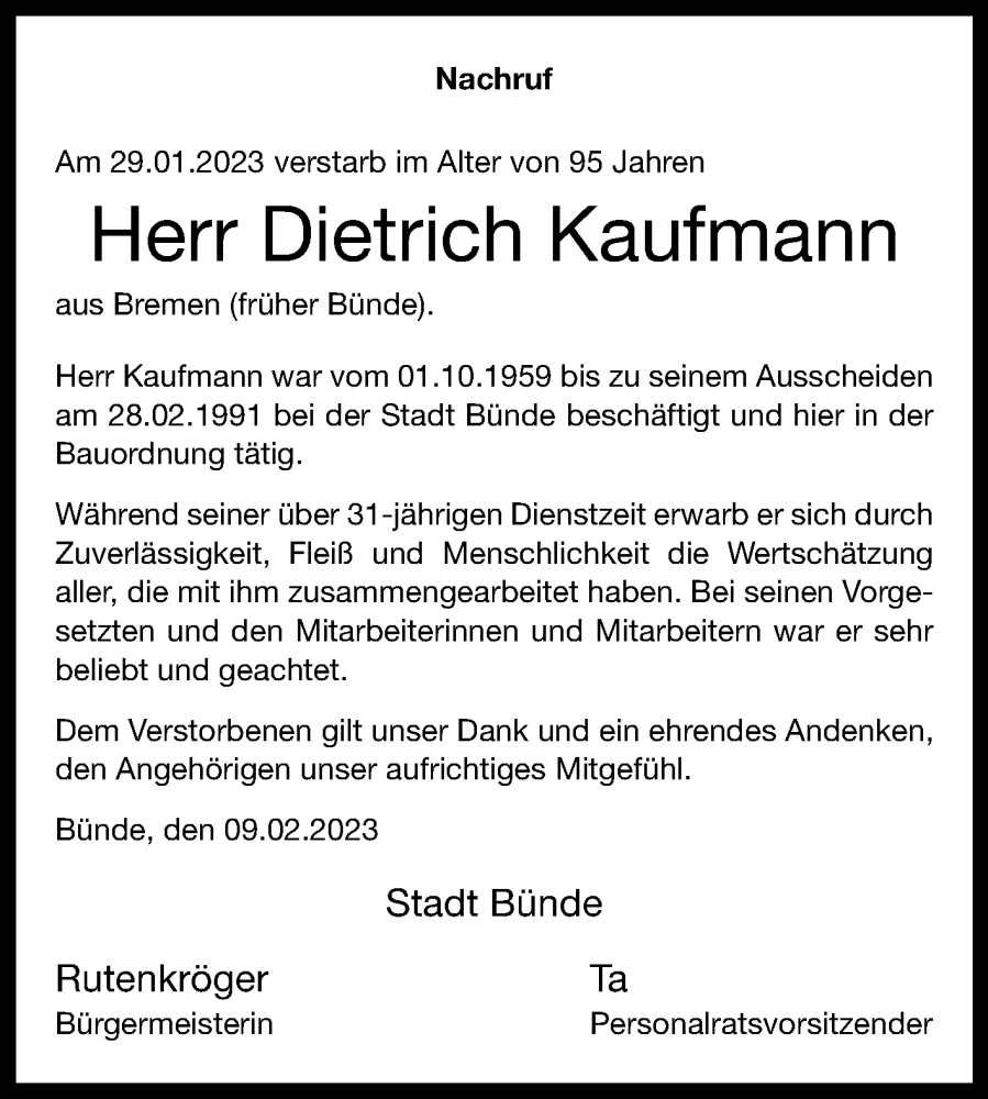  Traueranzeige für Dietrich Kaufmann vom 13.02.2023 aus Westfalen-Blatt