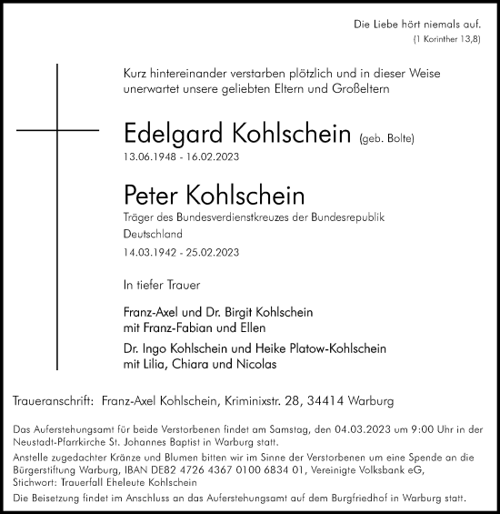 Traueranzeige von Edelgard und Peter Kohlschein von Westfalen-Blatt
