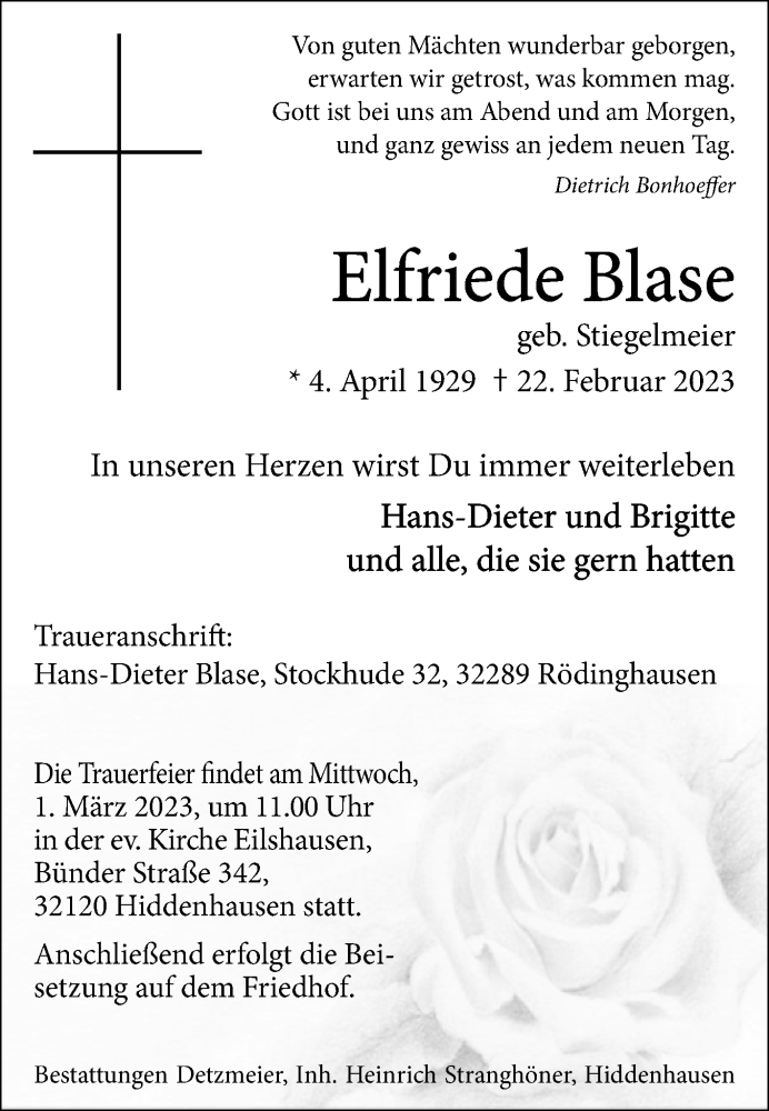  Traueranzeige für Elfriede Blase vom 25.02.2023 aus Westfalen-Blatt