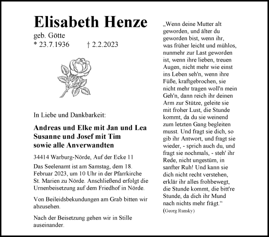 Traueranzeige von Elisabeth Henze von Westfalen-Blatt