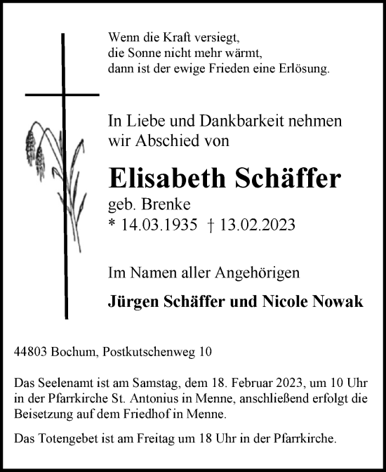 Traueranzeige von Elisabeth Schäffer von Westfalen-Blatt