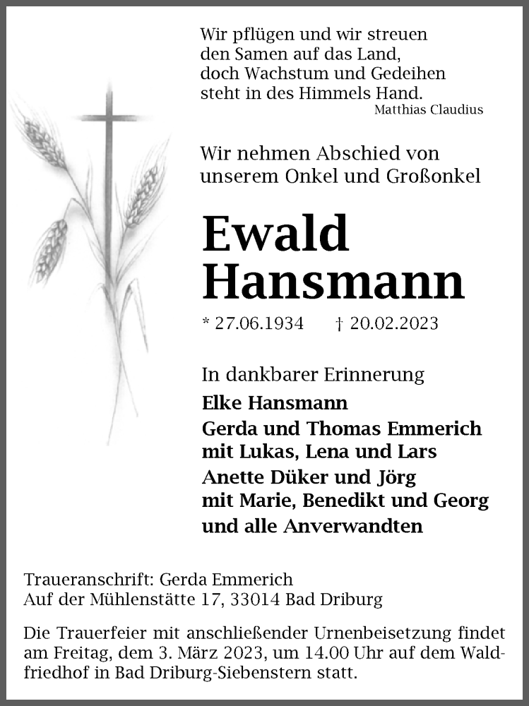  Traueranzeige für Ewald Hansmann vom 25.02.2023 aus Westfalen-Blatt