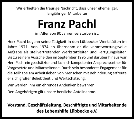 Traueranzeige von Franz Pachl von Westfalen-Blatt