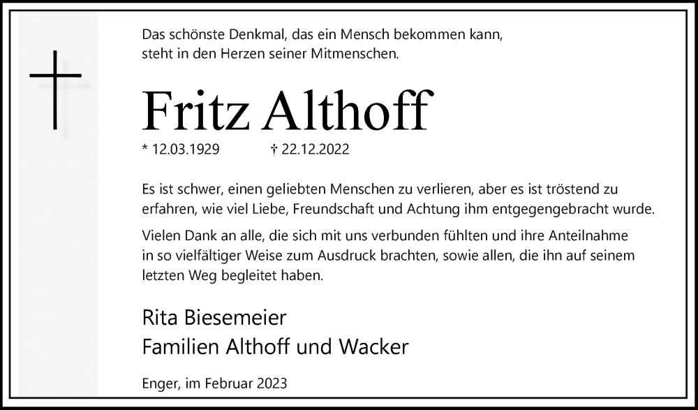  Traueranzeige für Fritz Althoff vom 04.02.2023 aus Westfalen-Blatt