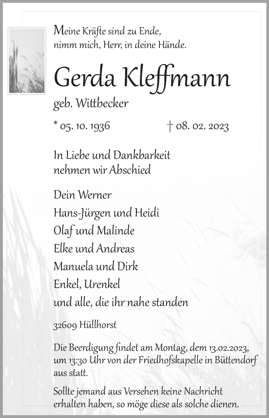 Traueranzeige von Gerda Kleffmann von Westfalen-Blatt
