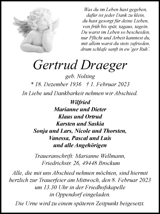 Traueranzeige von Gertrud Draeger von Westfalen-Blatt