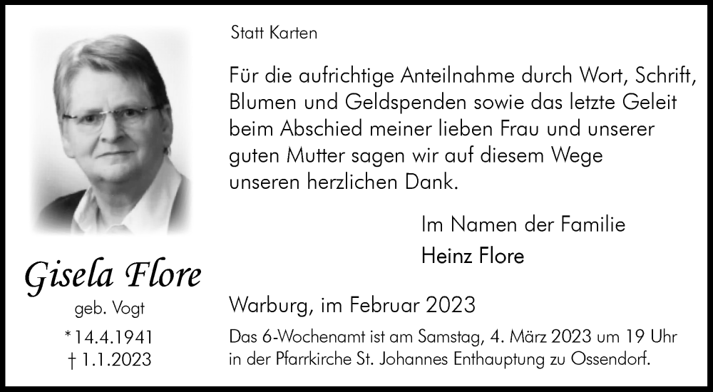  Traueranzeige für Gisela Flore vom 11.02.2023 aus Westfalen-Blatt