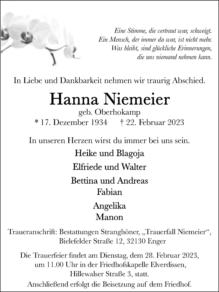  Traueranzeige für Hanna Niemeier vom 24.02.2023 aus Westfalen-Blatt