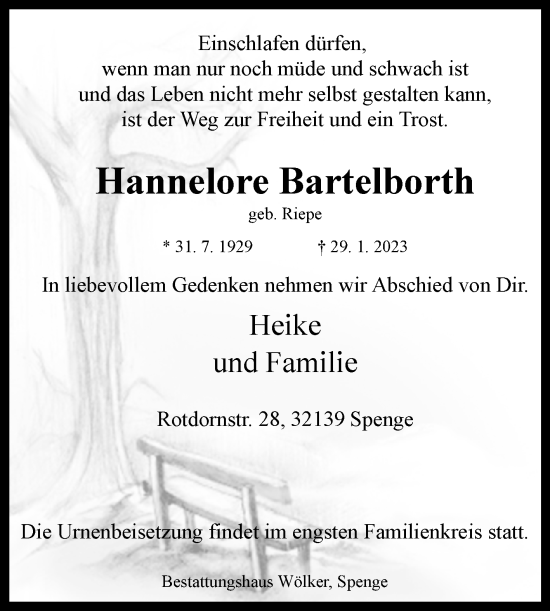 Traueranzeige von Hannelore Bartelborth von Westfalen-Blatt