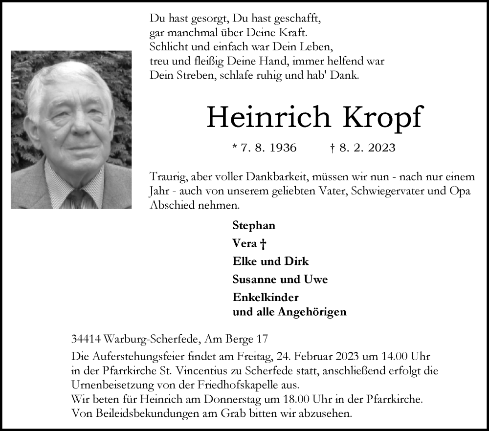  Traueranzeige für Heinrich Kropf vom 18.02.2023 aus Westfalen-Blatt