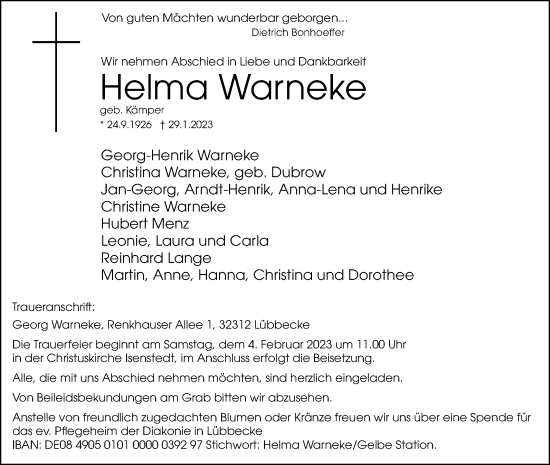 Traueranzeige von Helma Warneke von Westfalen-Blatt