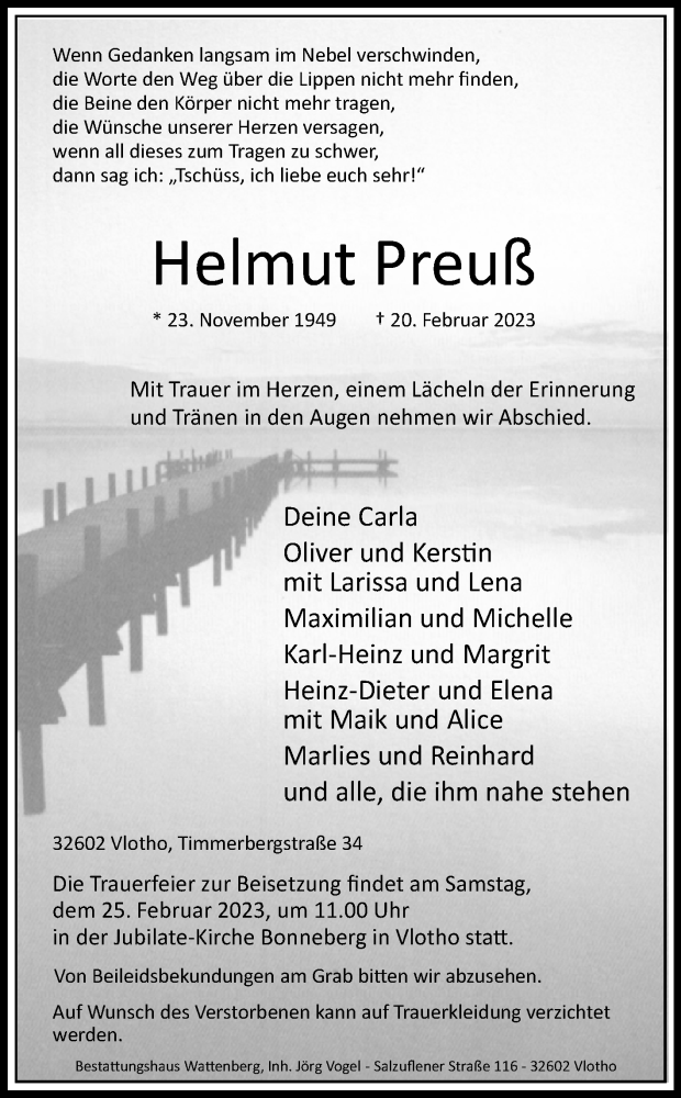  Traueranzeige für Helmut Preuß vom 22.02.2023 aus Westfalen-Blatt