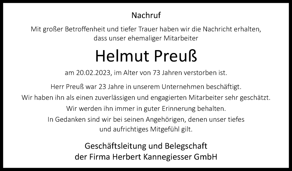  Traueranzeige für Helmut Preuß vom 23.02.2023 aus Westfalen-Blatt
