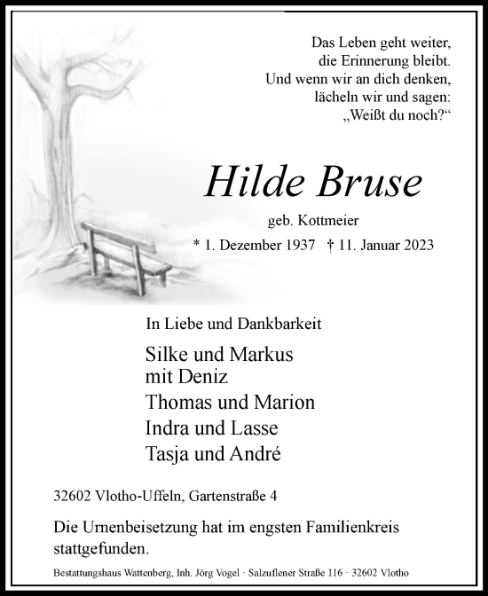 Traueranzeige von Hilde Bruse von Westfalen-Blatt
