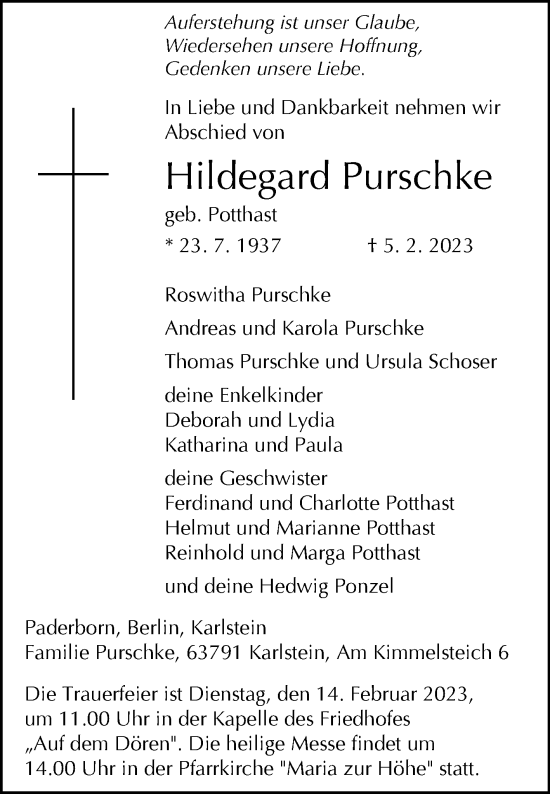 Traueranzeige von Hildegard Purschke von Westfalen-Blatt