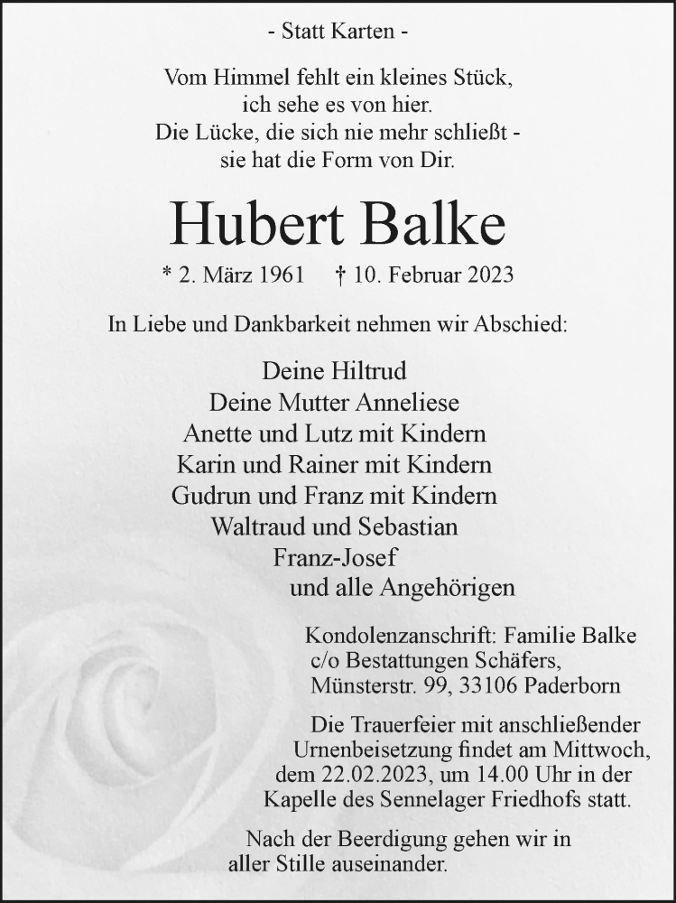  Traueranzeige für Hubert Balke vom 18.02.2023 aus Westfalen-Blatt