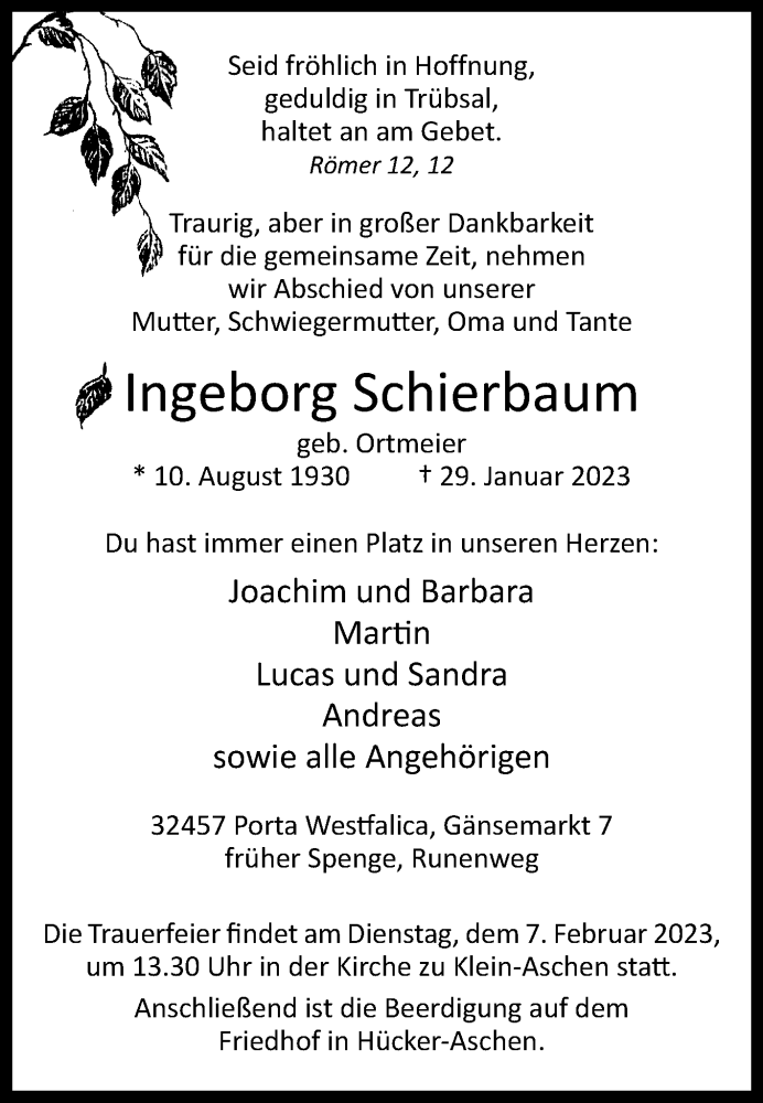  Traueranzeige für Ingeborg Schierbaum vom 04.02.2023 aus Westfalen-Blatt