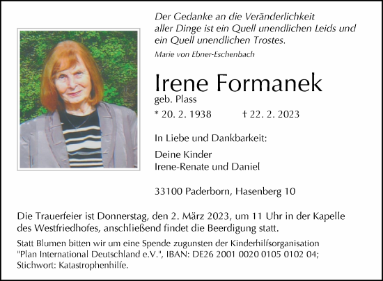 Traueranzeige von Irene Formanek von Westfalen-Blatt