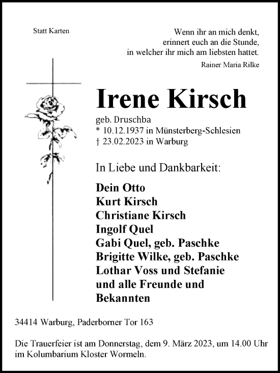 Traueranzeige von Irene Kirsch von Westfalen-Blatt