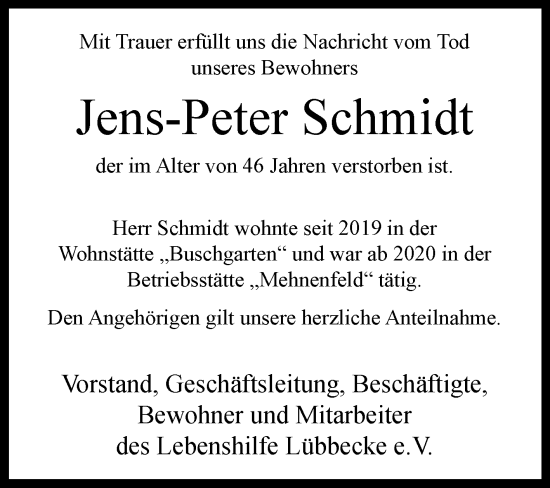 Traueranzeige von Jens-Peter Schmidt von Westfalen-Blatt