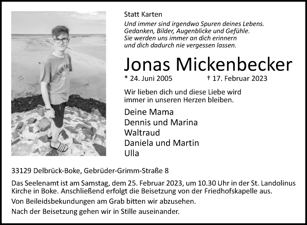 Traueranzeige für Jonas Mickenbecker vom 23.02.2023 aus Westfalen-Blatt