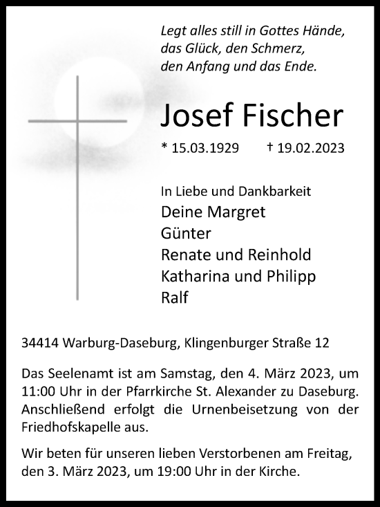 Traueranzeige von Josef Fischer von Westfalen-Blatt
