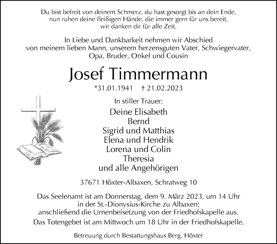 Traueranzeige von Josef Timmermann von Westfalen-Blatt