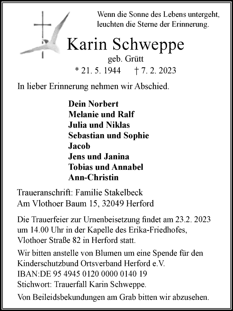  Traueranzeige für Karin Schweppe vom 18.02.2023 aus Westfalen-Blatt