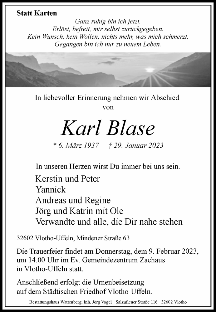  Traueranzeige für Karl Blase vom 03.02.2023 aus Westfalen-Blatt