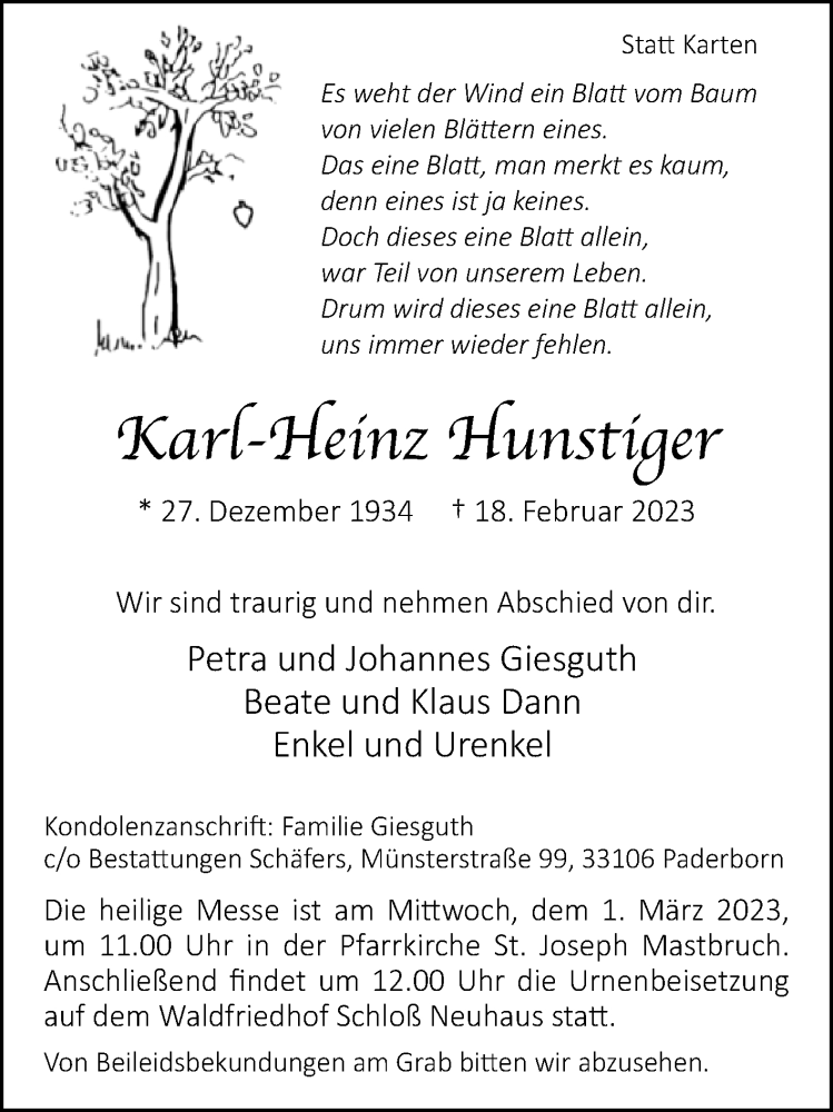  Traueranzeige für Karl-Heinz Hunstiger vom 22.02.2023 aus Westfalen-Blatt