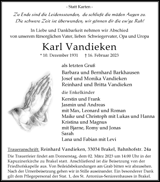Traueranzeige von Karl Vandieken von Westfalen-Blatt