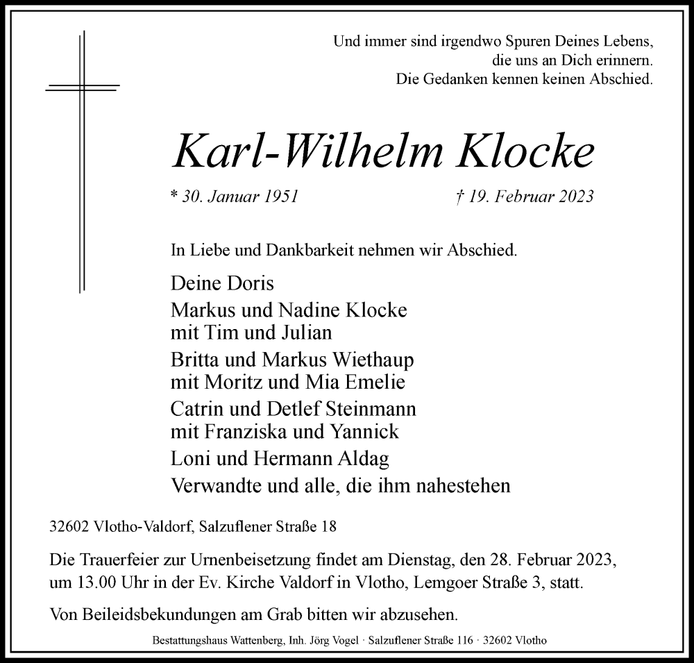  Traueranzeige für Karl-Wilhelm Klocke vom 24.02.2023 aus Westfalen-Blatt