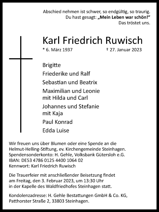 Traueranzeige von Karl Friedrich Ruwisch von Westfalen-Blatt
