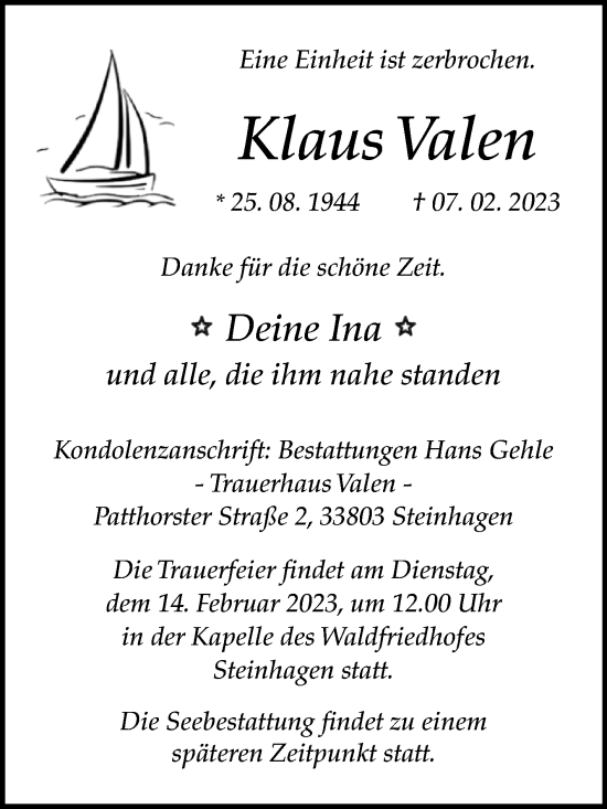 Traueranzeige von Klaus Valen von Westfalen-Blatt