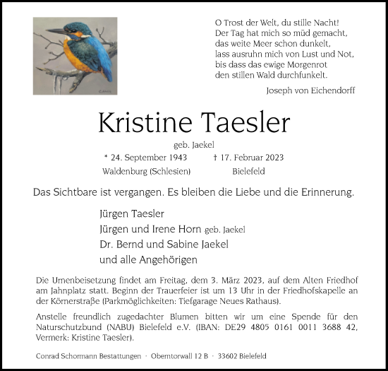 Traueranzeige von Kristine Taesler von Westfalen-Blatt