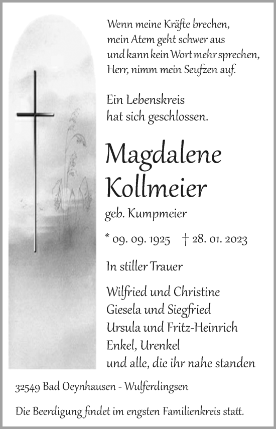 Traueranzeige von Magdalene Kollmeier von Westfalen-Blatt