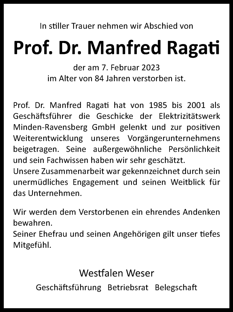  Traueranzeige für Manfred Ragati vom 15.02.2023 aus Westfalen-Blatt