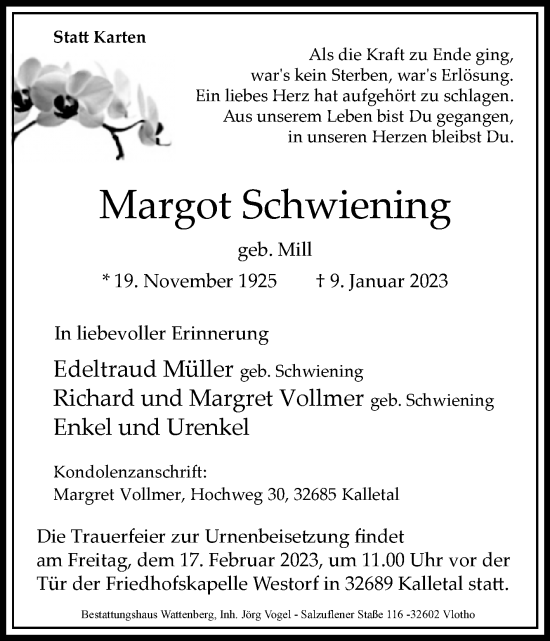 Traueranzeige von Margot Schwiening von Westfalen-Blatt
