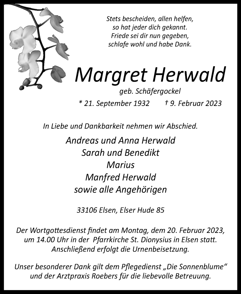  Traueranzeige für Margret Herwald vom 15.02.2023 aus Westfalen-Blatt