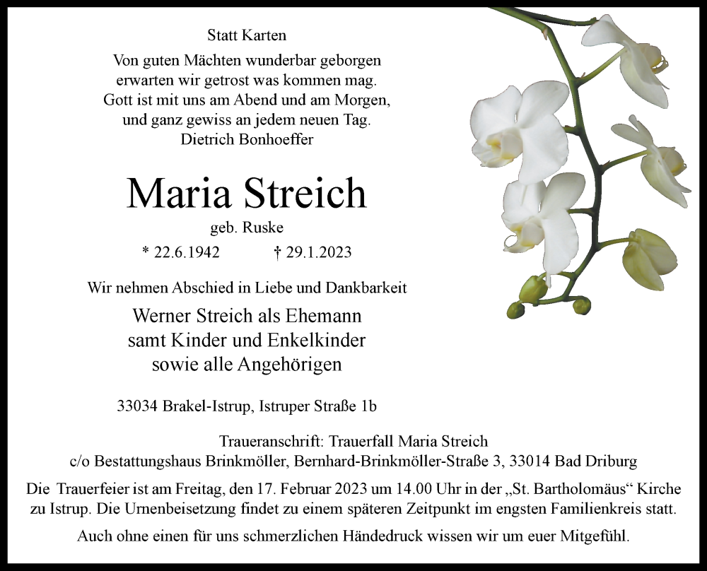  Traueranzeige für Maria Streich vom 04.02.2023 aus Westfalen-Blatt